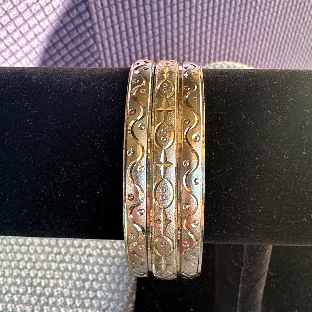 Goldtone Bangle Bracelet Trio. Brushed Goldtone with etched Bohemian style - Picture 2 of 6